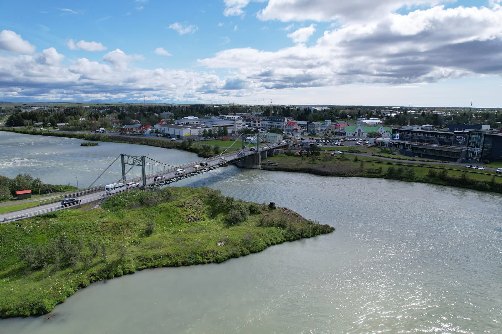 Selfoss town and bridge over the Ölfusá for a practical South Iceland accommodation base