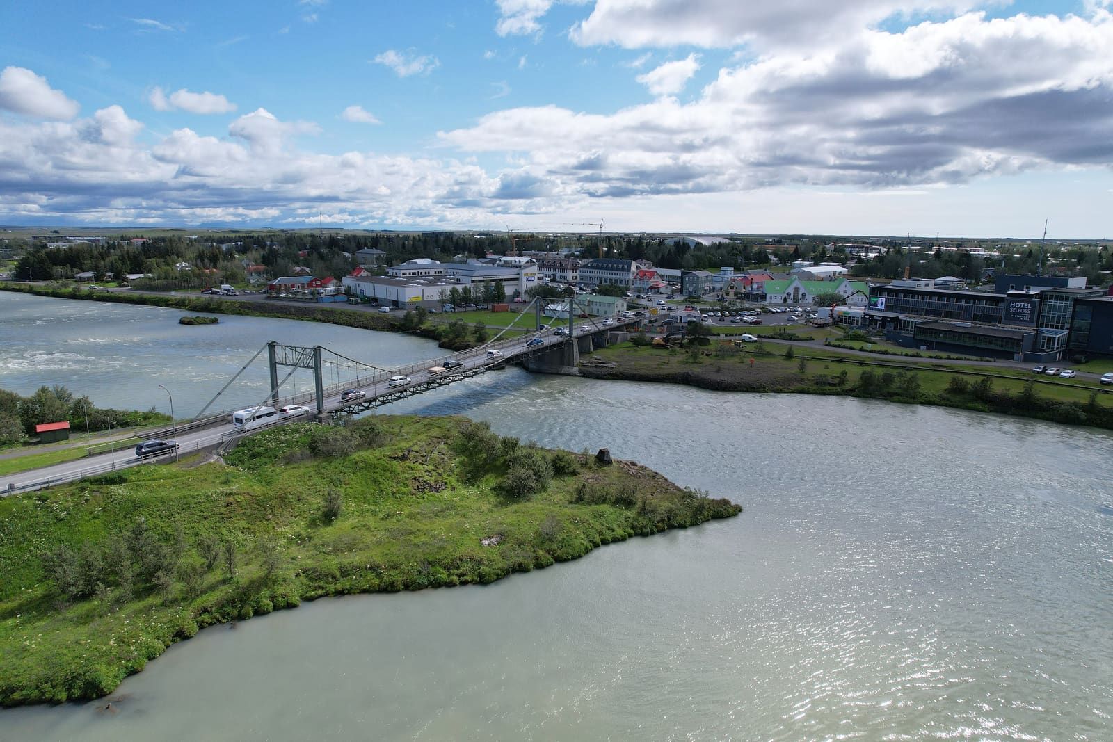 Selfoss town and bridge over the Ölfusá for a practical South Iceland accommodation base